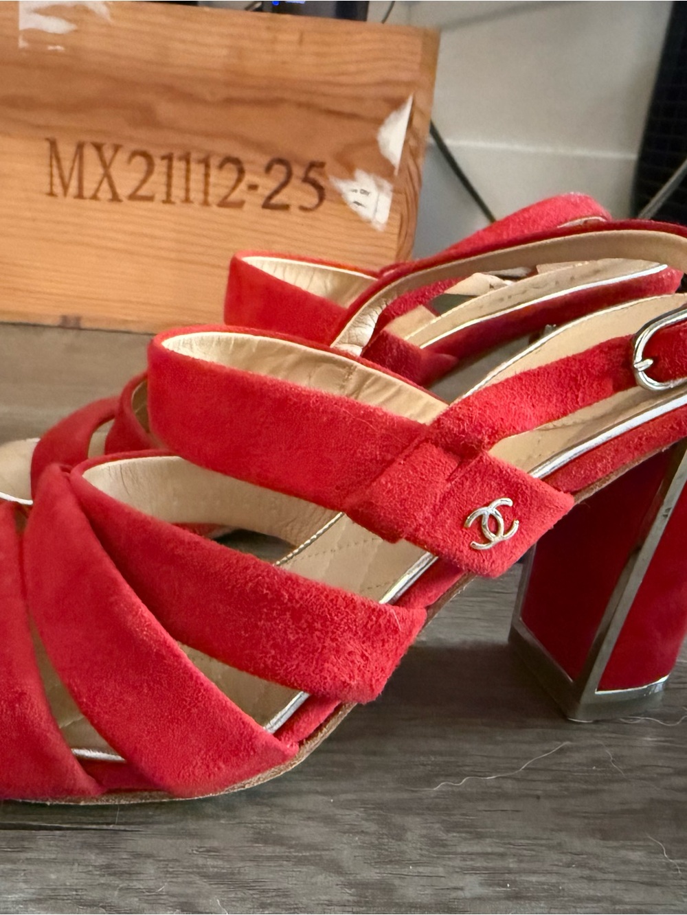 CHANEL Red Suede Strappy Block Heel Sandals